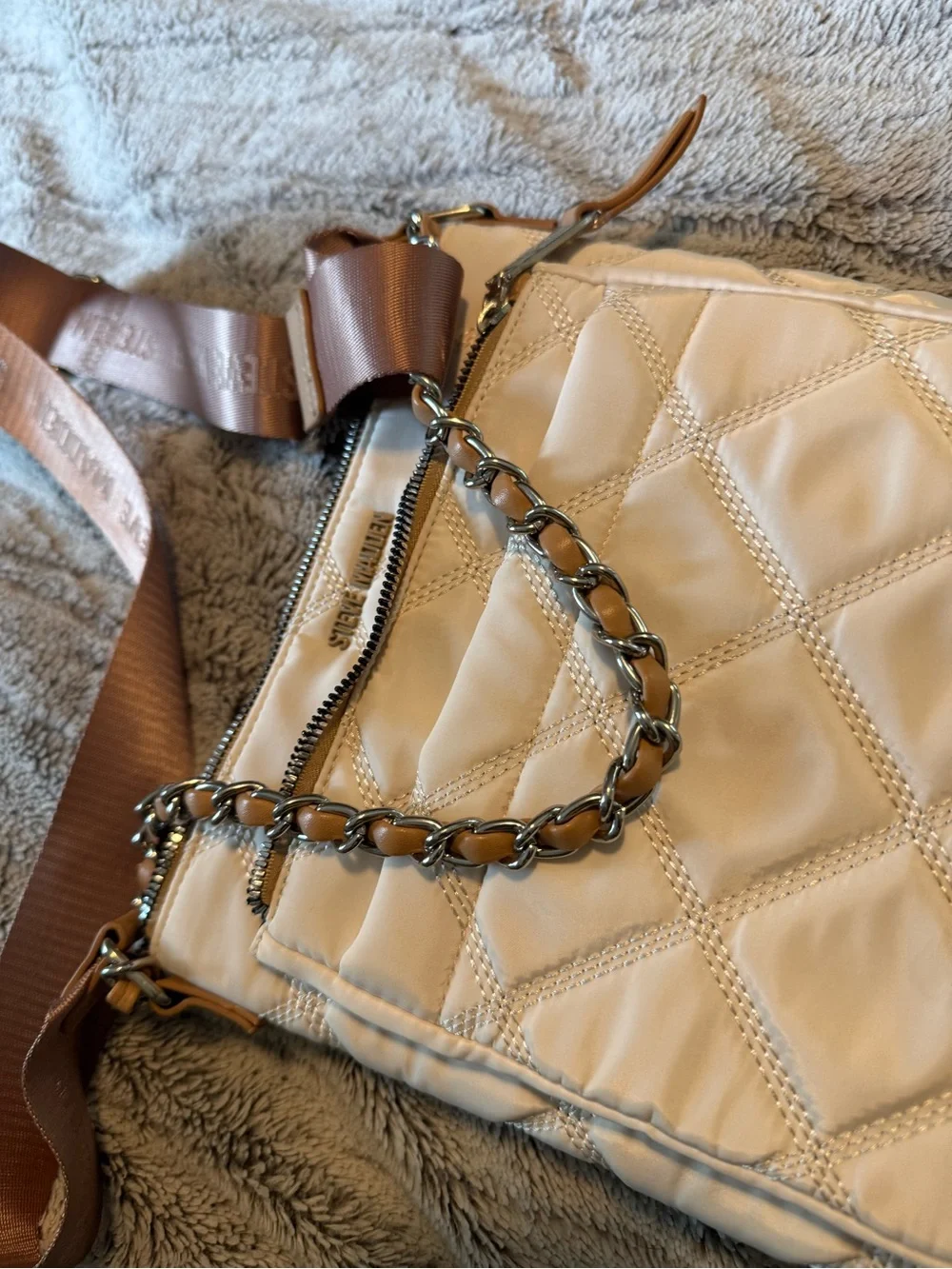 Steve Madden Quilted Cream Crossbody with extra Chain accent